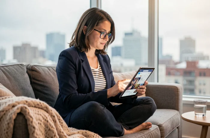 Femme utilisant une tablette pour trouver un job d'animateur sur une plateforme spécialisée en ligne