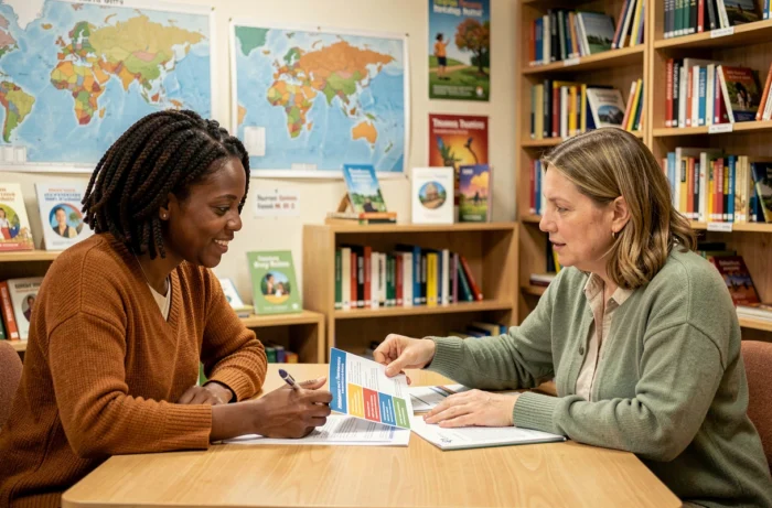 Deux femmes immigrantes de cultures différentes échangeant des documents dans un centre d'intégration communautaire, illustrant le processus d'immigration et d'accueil multiculturel