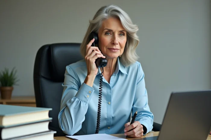 Une fille adulte téléphone pour renseigner les aides financières disponibles afin de réduire les tarifs des services à domicile pour ses parents âgés