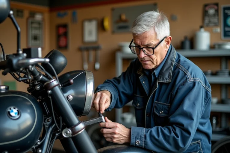 Mécanicien inspectant le support de fixation d'un side-car sur une moto BMW dans un atelier professionnel