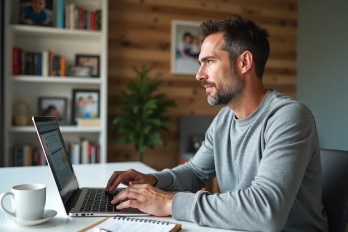 Homme finançant sa formation de coach parental en ligne via le CPF sur un ordinateur portable à son bureau