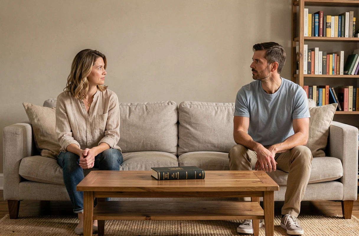 Deux frères et sœurs adultes assis à distance l'un de l'autre dans un salon, Bible posée entre eux, illustrant les divisions familiales