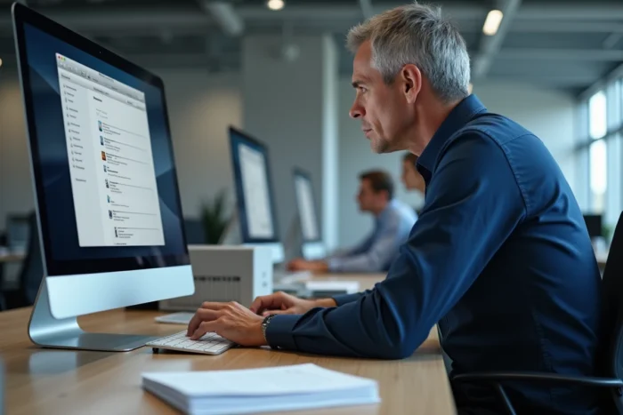 Homme gérant la file d'impression sur un iMac avec une imprimante sans fil dans un bureau professionnel