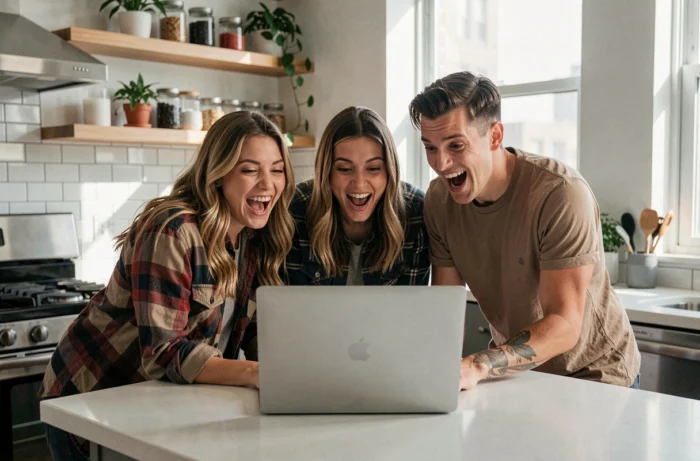 Groupe d'amis réunis autour d'un ordinateur portable regardant ensemble un streaming en direct dans une cuisine moderne