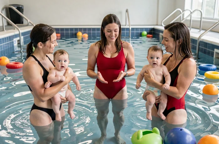 Groupe de parents et bébés nageurs avec une instructrice lors d'un cours aquatique à Poitiers