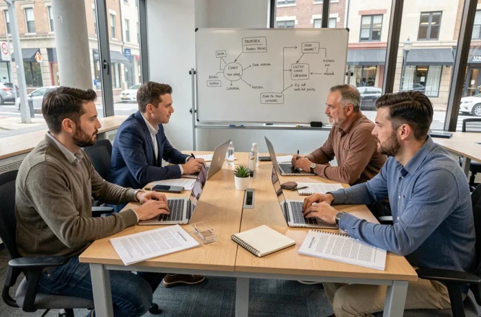 Groupe de professionnels adultes participant à une session de formation continue dans une salle de formation moderne