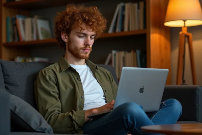 Jeune homme consultant l'historique CUPS sur MacBook Air depuis un canapé dans un salon cosy
