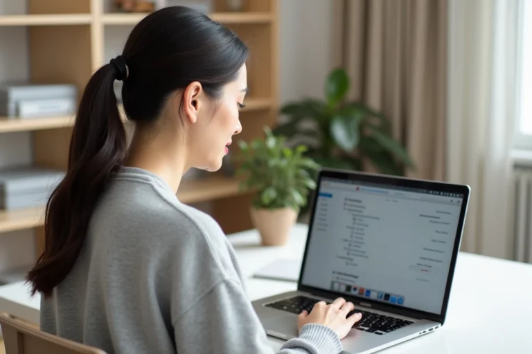Femme consultant l'historique d'impression sur un MacBook Pro dans un bureau à domicile moderne