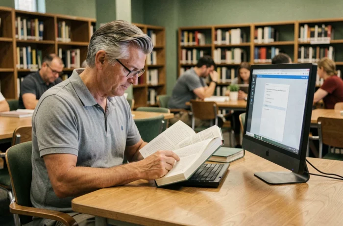 Homme adulte apprenant les bases de l'informatique dans une bibliothèque publique avec un manuel et un écran d'ordinateur