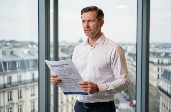 Homme d'affaires consultant une brochure sur la législation française de la formation professionnelle devant une fenêtre avec vue sur Paris