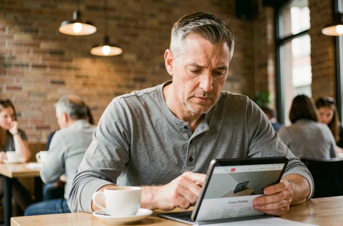 Homme analysant le contenu du site Albrad.com sur une tablette dans un café urbain