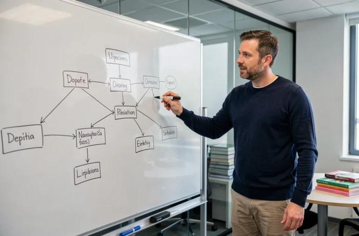 Homme expliquant une architecture de site web sur un tableau blanc dans une salle de réunion