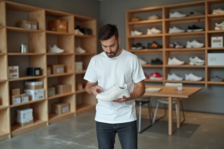 Homme tenant une paire de sneakers en édition limitée dans une boutique de retail spécialisée