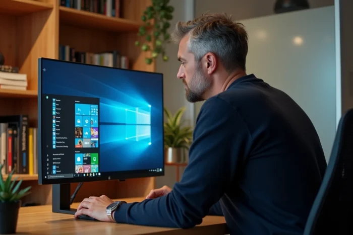 Homme au bureau à domicile découvrant les nouvelles fonctionnalités de Windows 12 sur grand écran