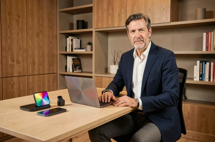 Homme en blazer navy assis à un bureau high-tech avec gadgets technologiques 2024, smartphone pliable et laptop OLED