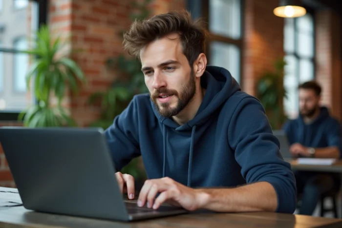 Homme utilisant une plateforme de chat francophone sécurisée dans un espace de coworking moderne