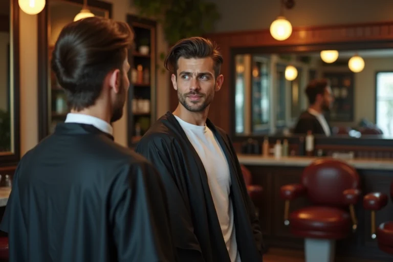 Homme aux cheveux longs en coupe mulet tendance assis dans un salon de coiffure moderne devant un miroir