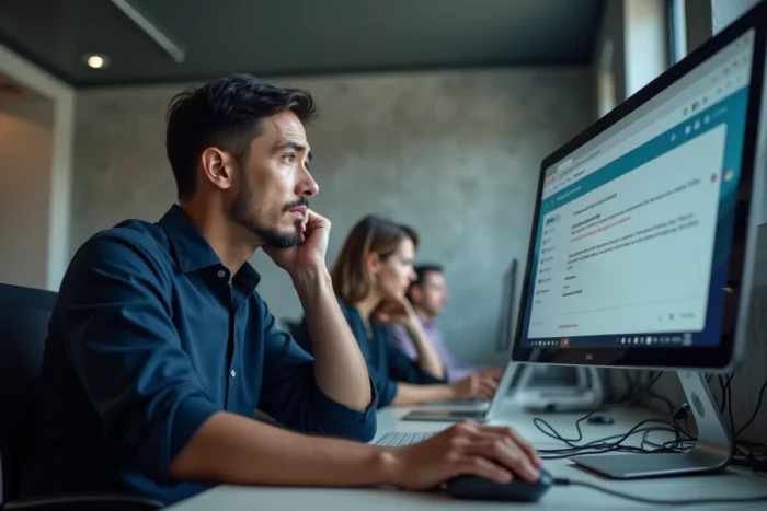 Homme frustré face à un message d'erreur de connexion sur sa messagerie 1&1 dans un open space