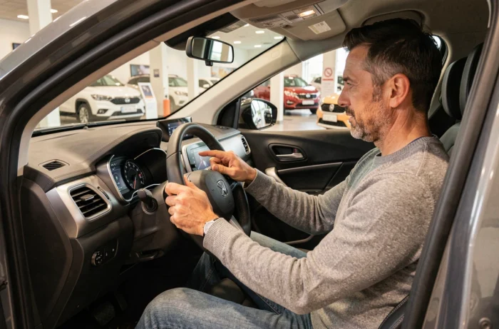 Homme assis au volant d'un SUV compact en concession automobile pour tester l'habitacle et le tableau de bord
