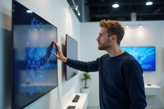 Un homme examinant de près un téléviseur QLED dans un magasin d'électronique pour évaluer la qualité d'image