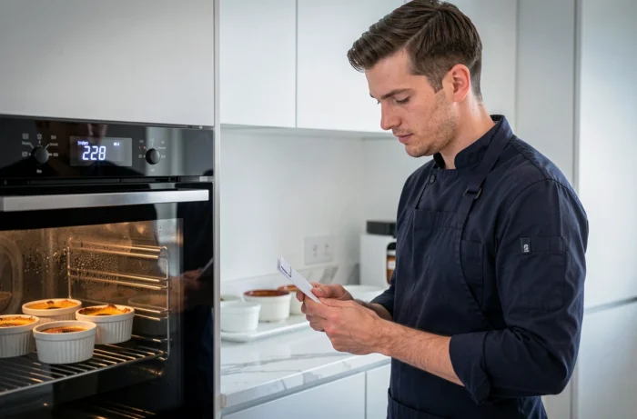 Homme consultant une recette devant un four numérique réglé à basse température avec des ramequins en attente