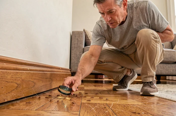Homme inspectant une infestation de termites volantes près d'une plinthe en bois dans un salon domestique