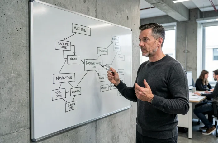 Homme présentant une architecture de navigation de site web sur un tableau blanc dans un bureau de startup