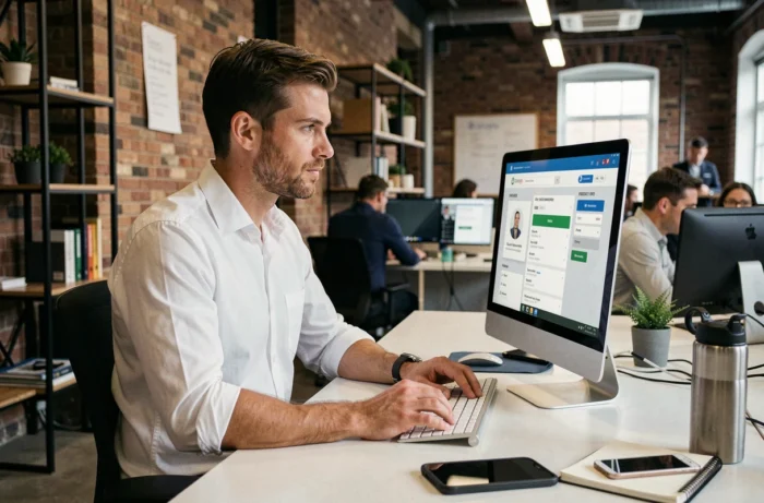 Homme consultant un portail d'offres d'emploi pour animateur dans un espace de coworking moderne