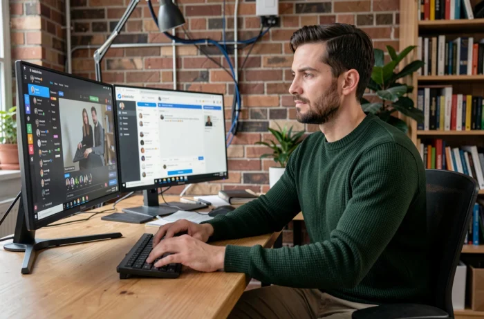 Homme concentré devant son bureau regardant un live streaming sur double écran dans un bureau à domicile