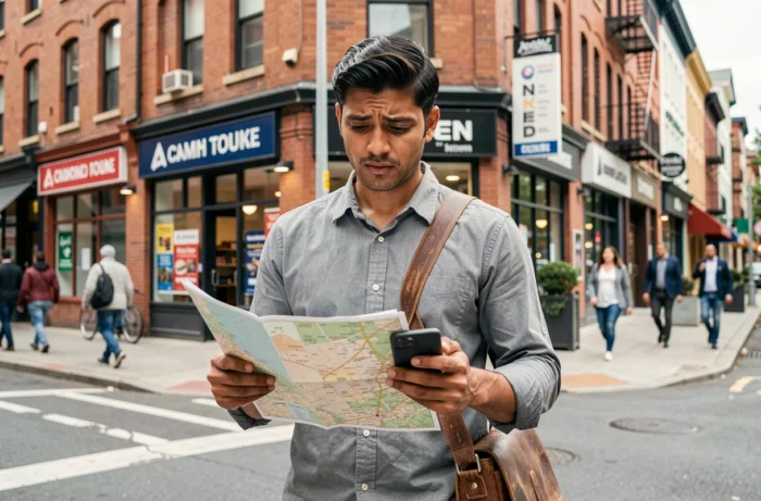 Homme immigrant d'origine sud-asiatique s'orientant dans une nouvelle ville avec carte et smartphone, symbolisant l'expérience de l'immigration et l'intégration urbaine