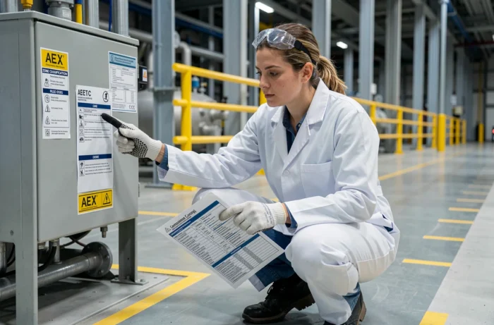 Ingénieure vérifiant l'étiquette de classification de zone ATEX sur un équipement antidéflagrant en usine gazière