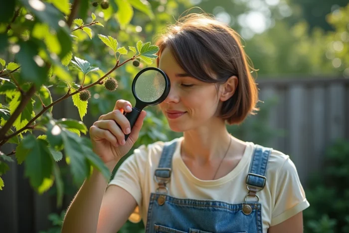 Femme inspectant de près les branches d'un mûrier platane sans production de fruits avec une loupe