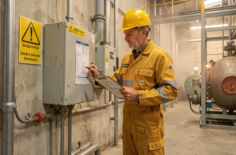 Inspecteur de sécurité industrielle examinant un panneau électrique certifié ATEX dans une usine pétrochimique
