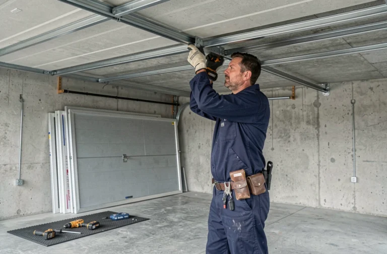 Technicien installant les rails d'une porte de garage sectionnelle motorisée à l'intérieur d'un garage résidentiel