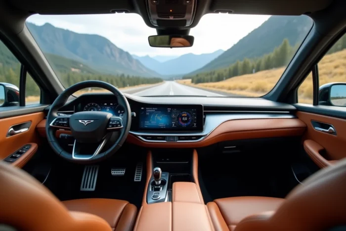 Intérieur luxueux d'un crossover hybride 2024 avec tableau de bord numérique incurvé et sièges en cuir cognac