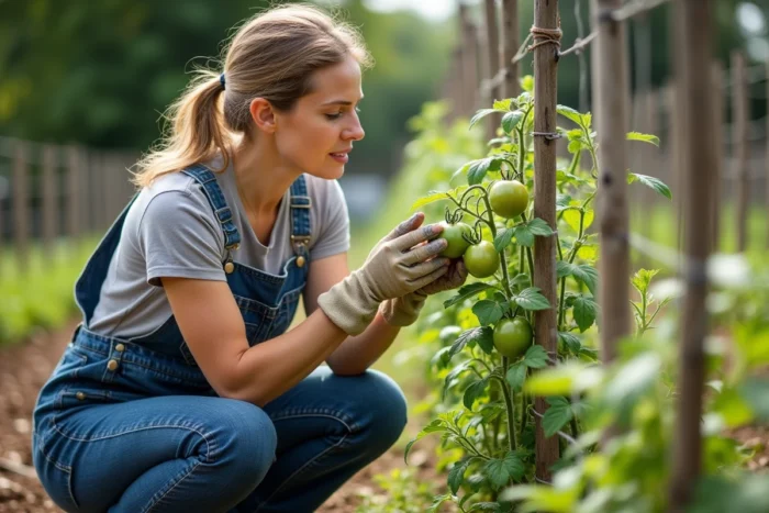 Jardinière inspectant de jeunes tomates vertes en formation sur un plant tuteuré dans un potager