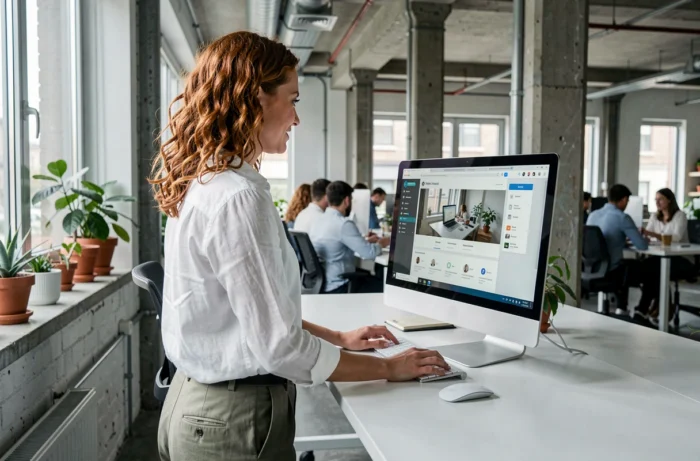 Jeune femme explorant le guide du site Albrad.com sur un ordinateur dans un espace de coworking