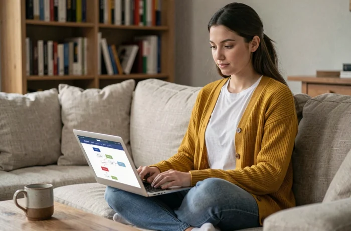 Jeune femme naviguant sur un plan de site structuré depuis son canapé avec un ordinateur portable