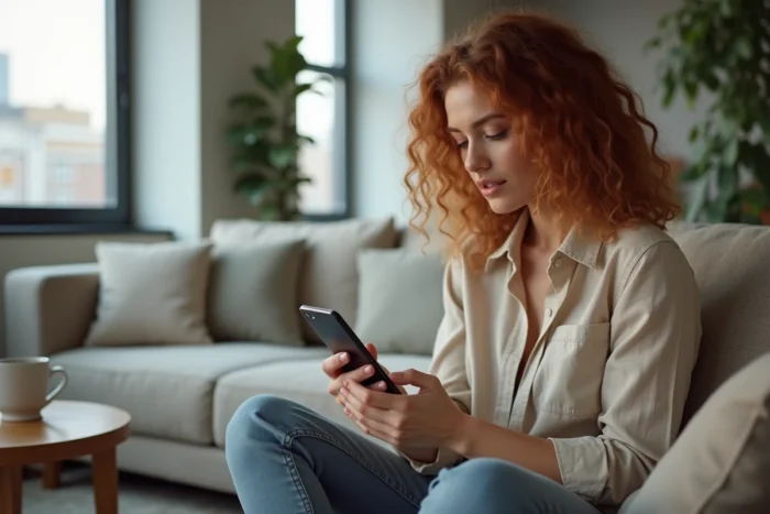 Jeune femme consultant les paramètres de son compte mail 1&1 sur smartphone depuis son salon