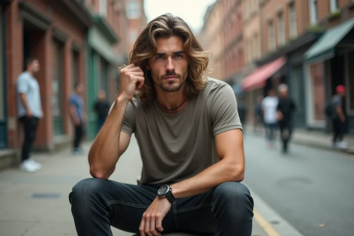 Jeune homme arborant une coupe mulet tendance en milieu urbain avec un look décontracté et authentique