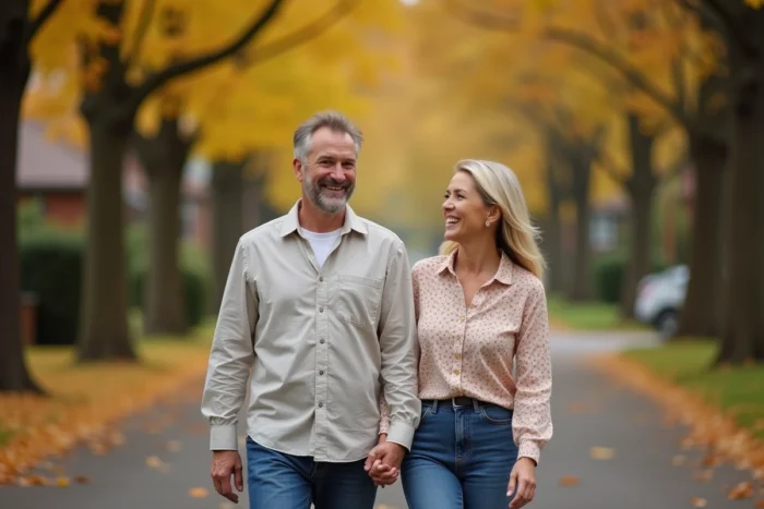 Couple de quinquagénaires se promenant main dans la main dans une rue arborée en automne, illustrant une vie de couple complice et sereine