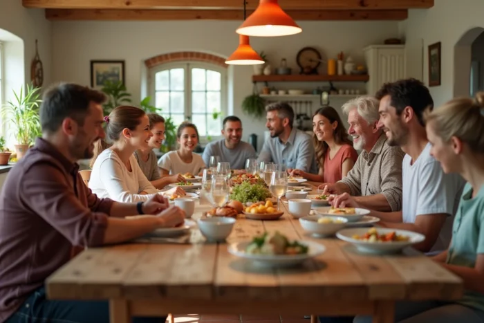 Repas en famille autour d'une grande table rustique dans une maison de campagne, illustrant la vie de famille et les moments de convivialité partagés