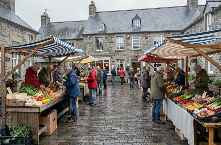 Marché hebdomadaire animé dans la communauté de communes de Guingamp avec des producteurs locaux et des habitants