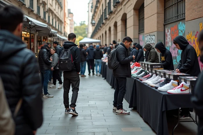 Marché urbain de revente de sneakers et de streetwear en édition limitée en plein air