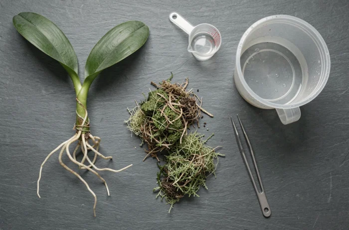 Présentation à plat des éléments nécessaires à la culture d'orchidée en semi-hydroponie avec sphaigne et pot transparent
