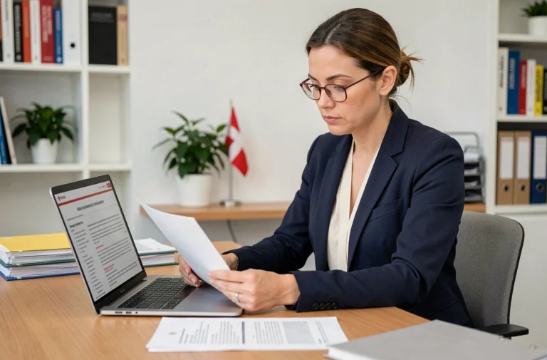 Femme professionnelle consultant les mentions légales d'un site internet suisse sur son ordinateur portable dans un bureau moderne
