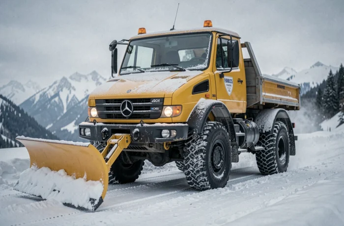 Mercedes Unimog équipé d'un chasse-neige en action sur route de montagne enneigée en hiver