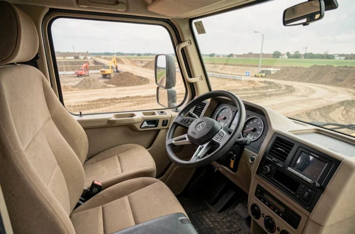 Intérieur cabine Mercedes Unimog avec tableau de bord numérique moderne et vue sur chantier de construction