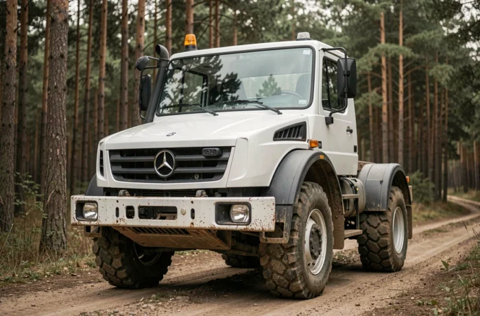 Mercedes Unimog U5023 neuf blanc garé sur chemin forestier, vue trois quarts avant grand angle