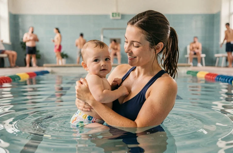 Mère et bébé nageur dans une piscine municipale à Poitiers lors d'une séance de bébés nageurs